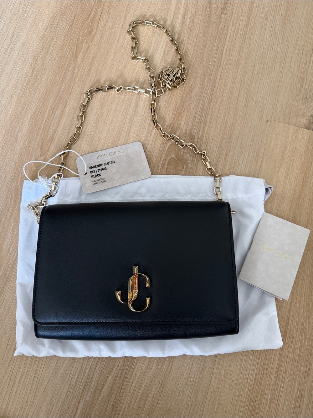 BNWT Jimmy Choo Varenne Clutch Black Leather Crossbody with Gold Chain